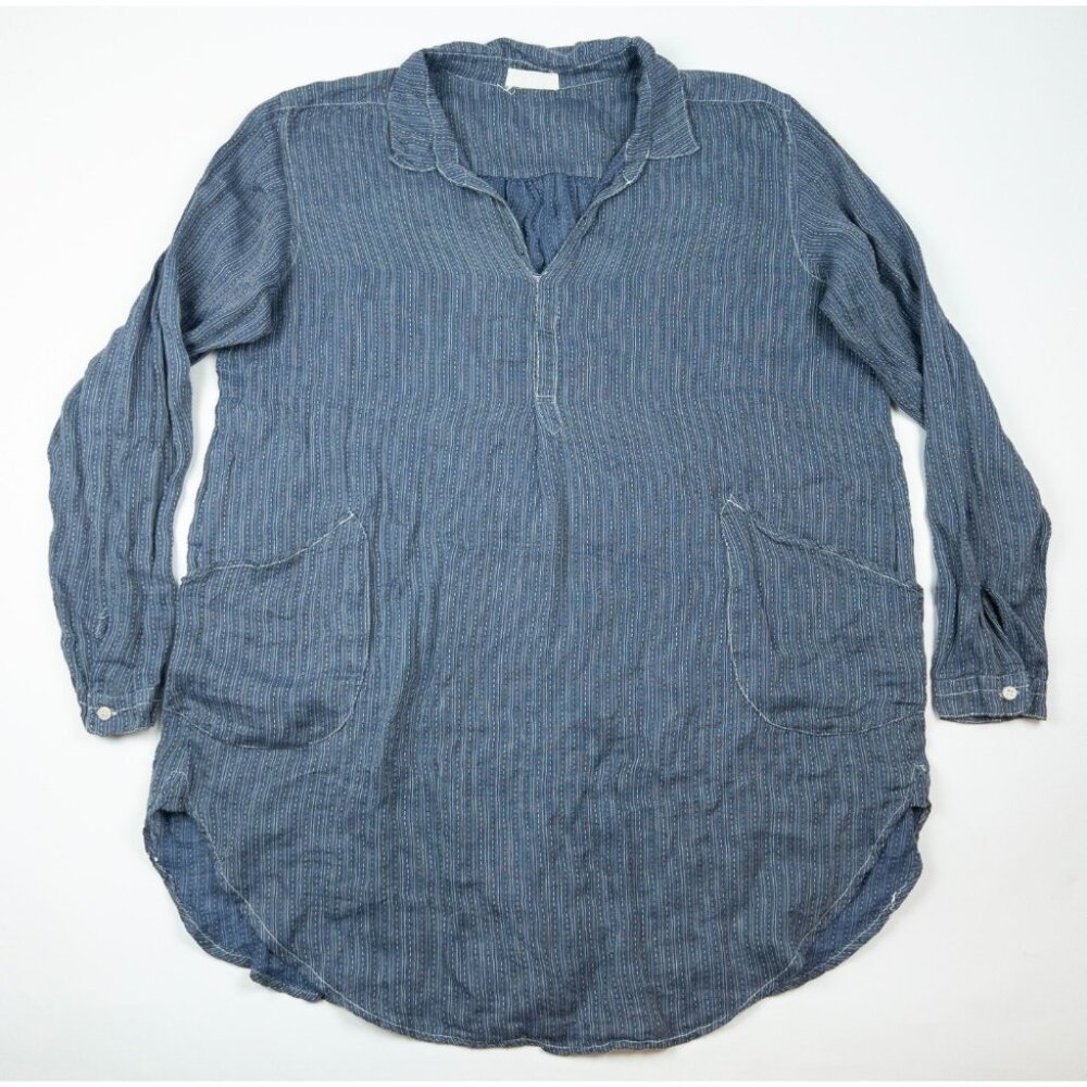CP Shades Linen Tunic Dress Women's Large Blue Long Sleeve Lagenlook Coastal
